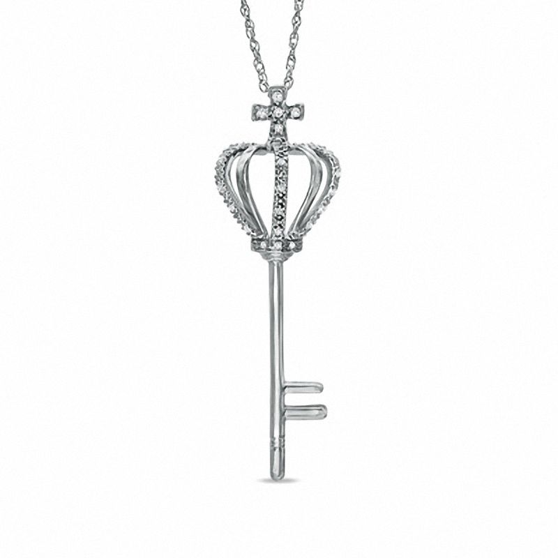 0.12 CT. T.W. Diamond Crown Key with Cross Pendant in Sterling Silver