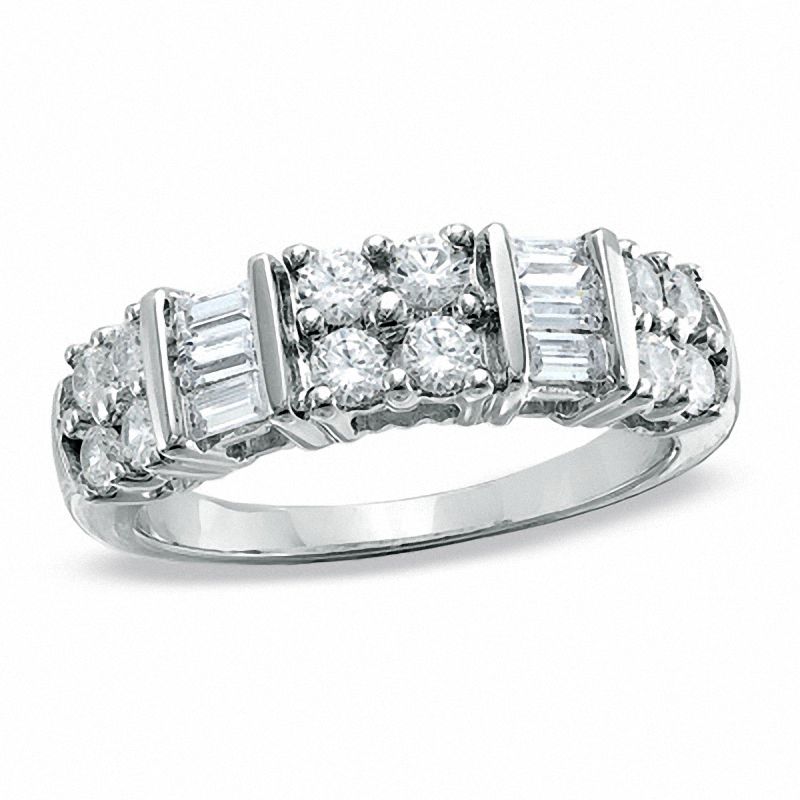 1.00 CT. T.W. Baguette and Round Diamond Station Band in 10K White Gold