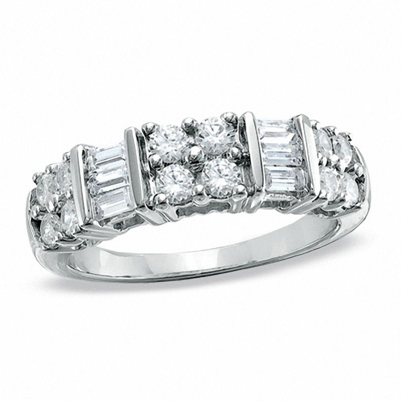 Main Image 1 of 1.00 CT. T.W. Baguette and Round Diamond Station Band in 10K White Gold