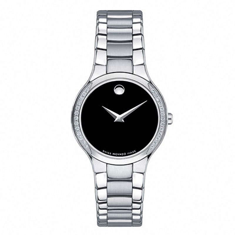 Ladies' Movado Serio Diamond Accent Watch with Round Black Dial (Model: 0606385)