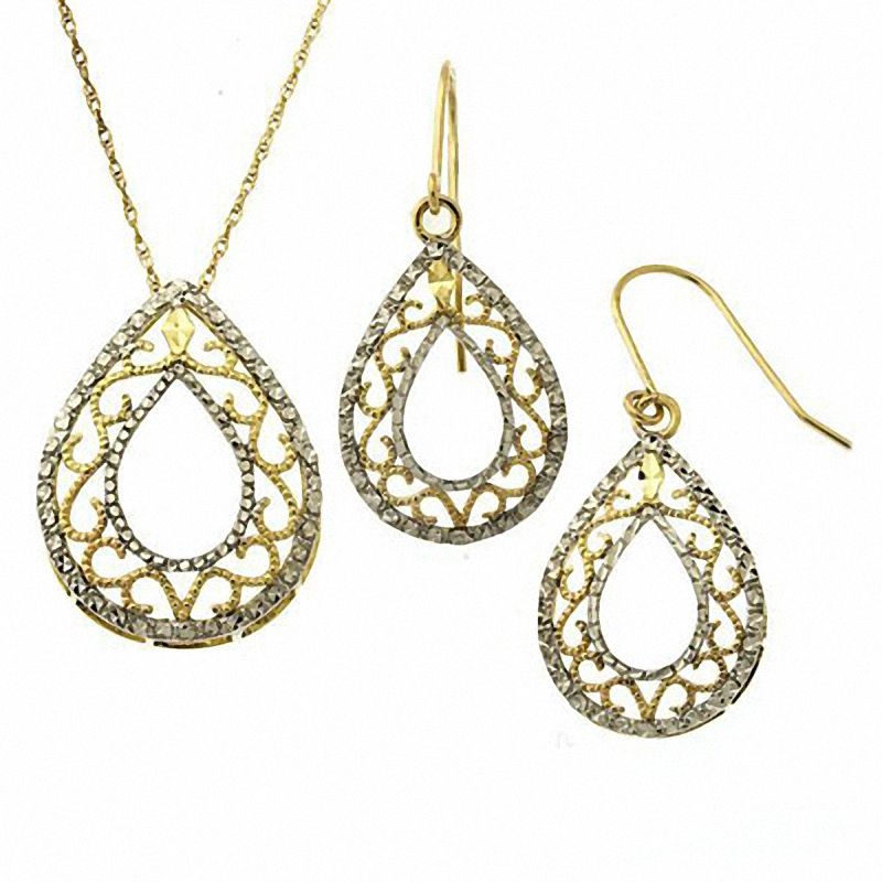 Teardrop Scroll Pendant and Earrings Set in 10K Gold|Peoples Jewellers