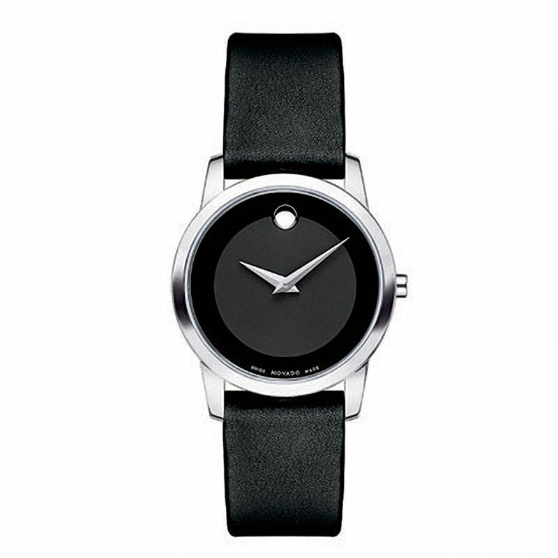 Ladies' Movado Leather Strap Watch with Round Black Museum Dial (Model: 0606503)