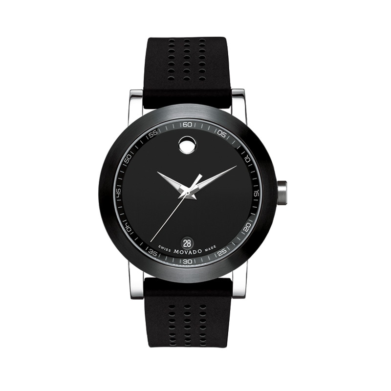 Men's Movado Rubber Strap Watch with Round Black Dial (Model: 0606507)|Peoples Jewellers