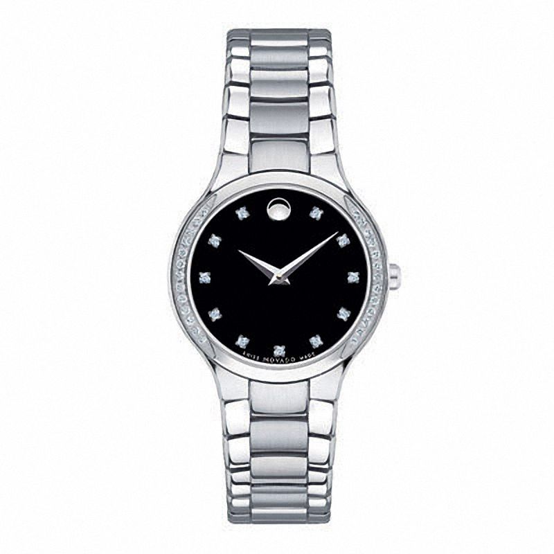 Ladies' Movado Serio Diamond Accent Watch with Round Black Dial (Model: 0606491)