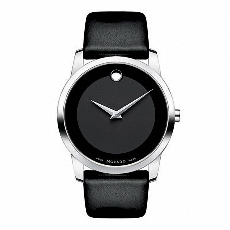 Men's Movado Leather Strap Watch with Black Museum Dial (Model: 0606502)