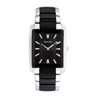 Men's Bulova Two-Tone Watch with Rectangular Black Dial (Model: 98A117)