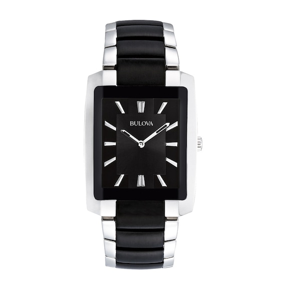Men's Bulova Two-Tone Watch with Rectangular Black Dial (Model: 98A117)