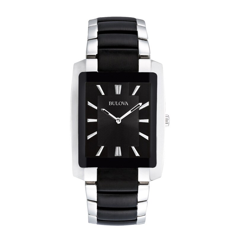 Men's Bulova Two-Tone Watch with Rectangular Black Dial (Model: 98A117)