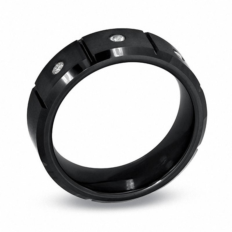 Men's 0.09 CT. T.W. Diamond Three Stone Black IP Tungsten Wedding Band - Size 10|Peoples Jewellers