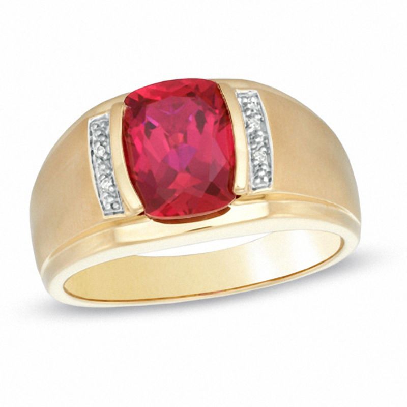 Men's Cushion-Cut Lab-Created Ruby and Diamond Accent Ring in 10K Gold