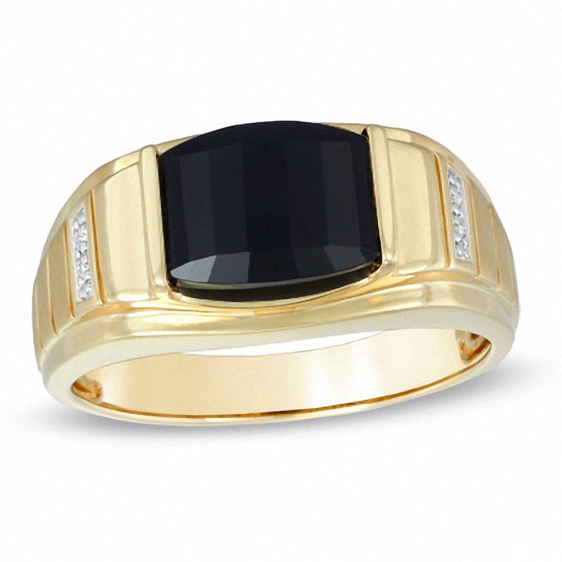 Men's Barrel-Shaped Onyx and Diamond Accent Ring in 10K Gold