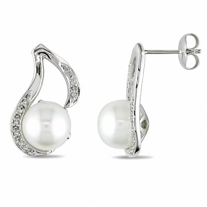 9.0 - 9.5mm Cultured Freshwater Pearl and 0.06 CT. T.W. Diamond Swirl Drop Earrings in Sterling Silver