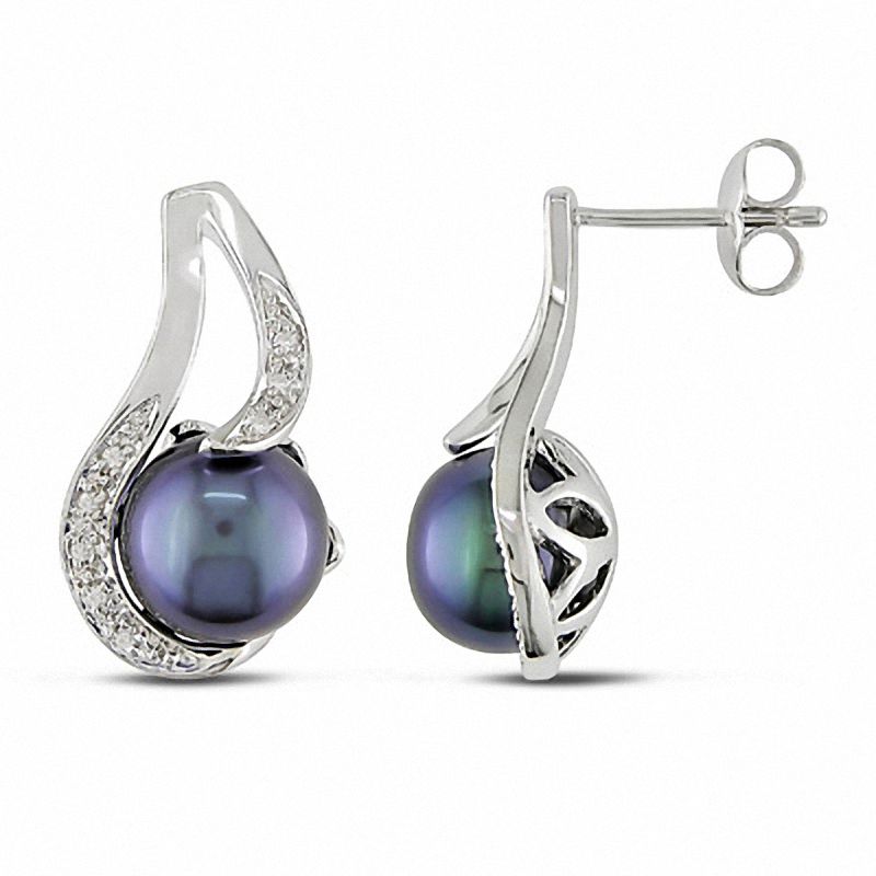 9.0 - 9.5mm Dyed Black Cultured Freshwater Pearl and 0.06 CT. T.W. Diamond Swirl Drop Earrings in Sterling Silver