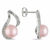 Thumbnail Image 1 of 9.0-9.5mm Dyed Pink Freshwater Cultured Pearl and 0.06 CT. T.W. Diamond Swirl Drop Earrings in Sterling Silver