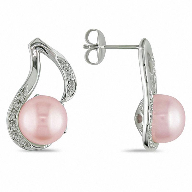9.0 - 9.5mm Dyed Pink Cultured Freshwater Pearl and 0.06 CT. T.W. Diamond Swirl Drop Earrings in Sterling Silver