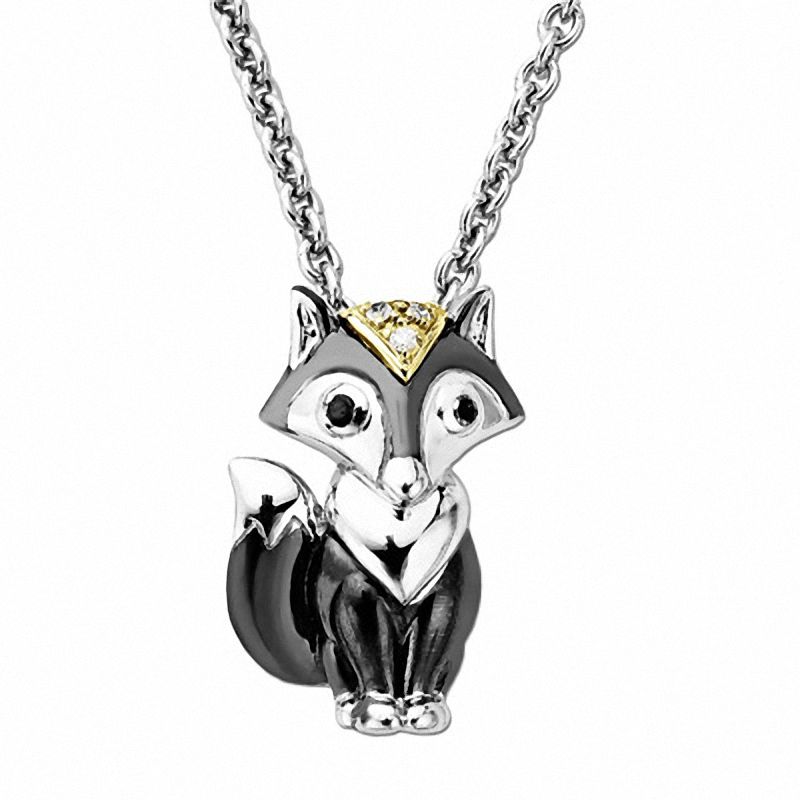 Enhanced Black and White Diamond Accent Fox Pendant in Sterling Silver and 14K Gold