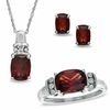 Thumbnail Image 0 of Cushion-Cut Garnet and Diamond Accent Pendant, Ring and Earrings Set in Sterling Silver - Size 7