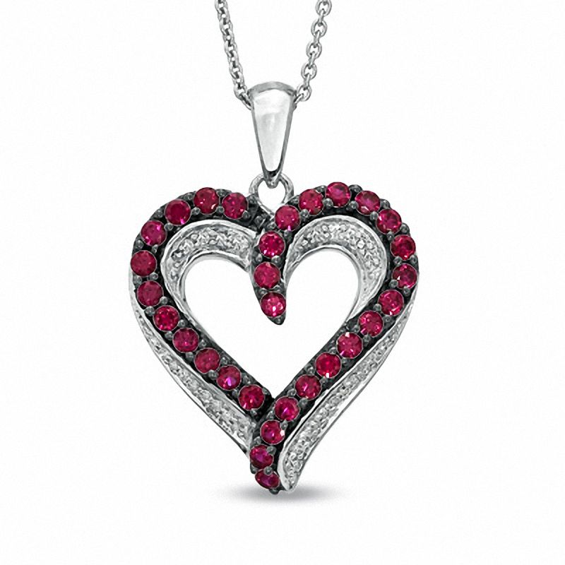 Lab-Created Ruby and Diamond Accent Heart Pendant in Sterling Silver|Peoples Jewellers