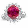 Thumbnail Image 0 of Oval Lab-Created Ruby and White Sapphire Frame Ring in Sterling Silver