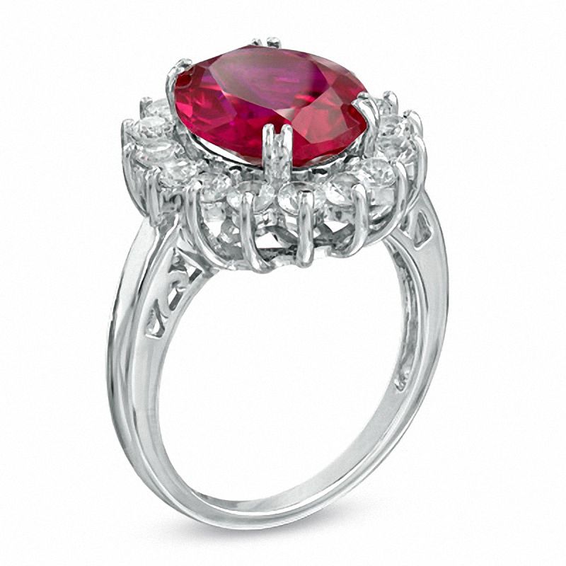 Oval Lab-Created Ruby and White Sapphire Frame Ring in Sterling Silver