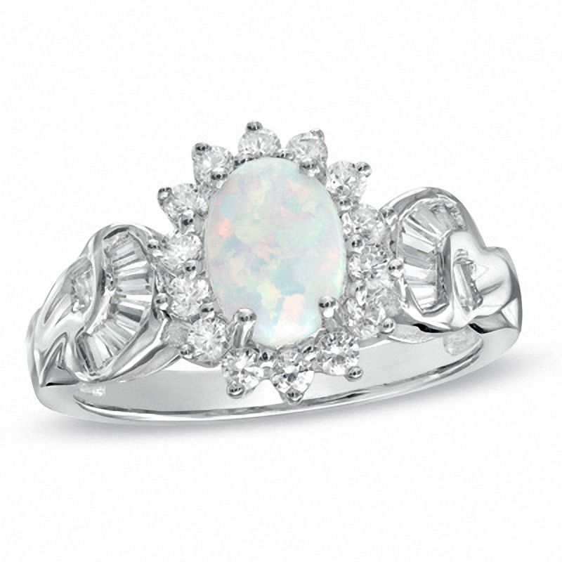 Oval Lab-Created Opal and White Sapphire Frame Ring in Sterling Silver|Peoples Jewellers