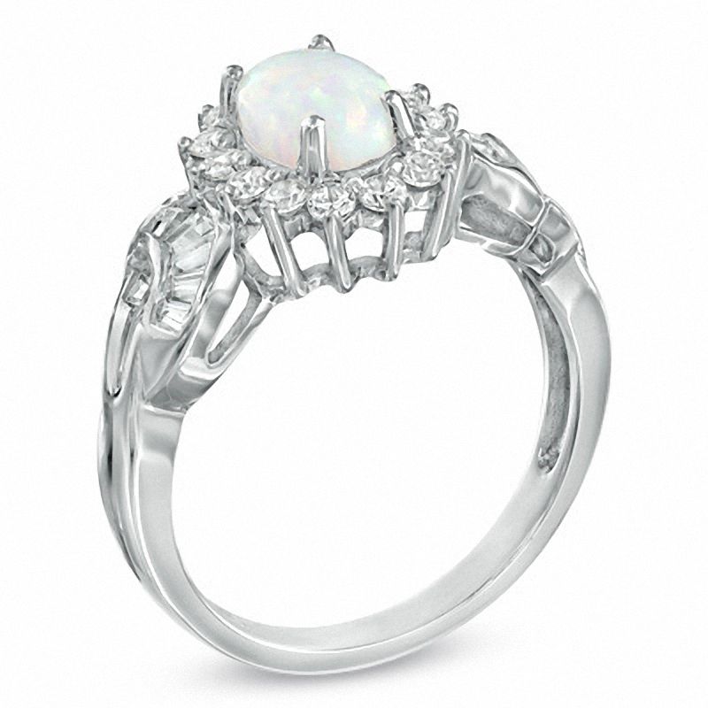 Oval Lab-Created Opal and White Sapphire Frame Ring in Sterling Silver|Peoples Jewellers