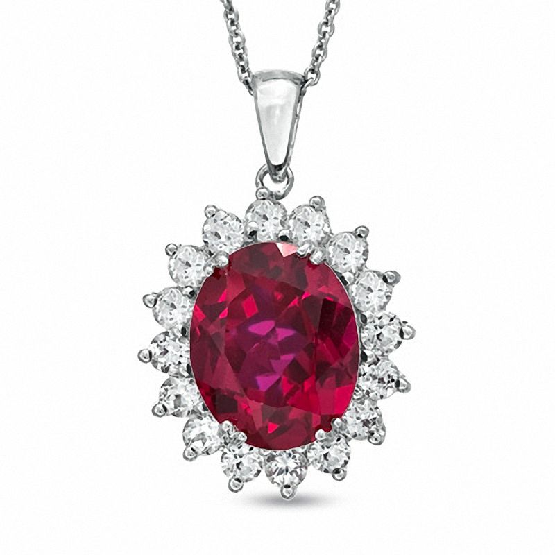 Main Image 1 of Oval Lab-Created Ruby and White Sapphire Frame Pendant in Sterling Silver
