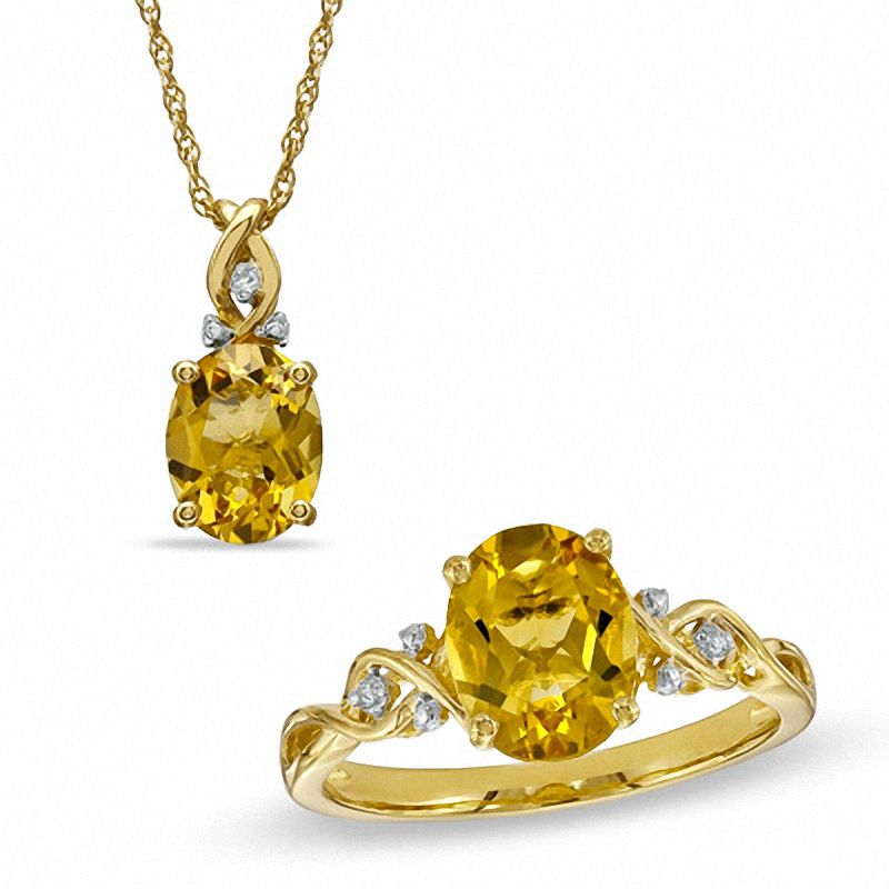 Oval Citrine and Diamond Accent Twist Pendant and Ring Set in Sterling Silver with 14K Gold Plate - Size 7