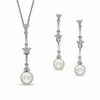 6.5-8.0mm Freshwater Cultured Pearl and Lab-Created White Sapphire Pendant and Earrings Set in Sterling Silver