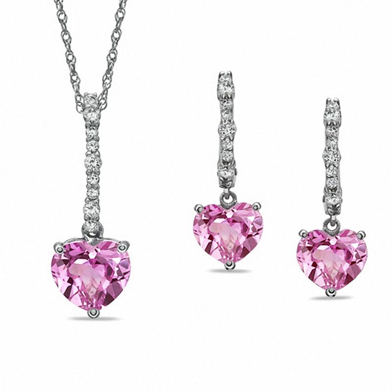 Heart-Shaped Lab-Created Pink and White Sapphire Pendant and Earrings Set in Sterling Silver