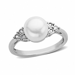 8.0 - 8.5mm Button Cultured Freshwater Pearl and Diamond Accent Ring in Sterling Silver