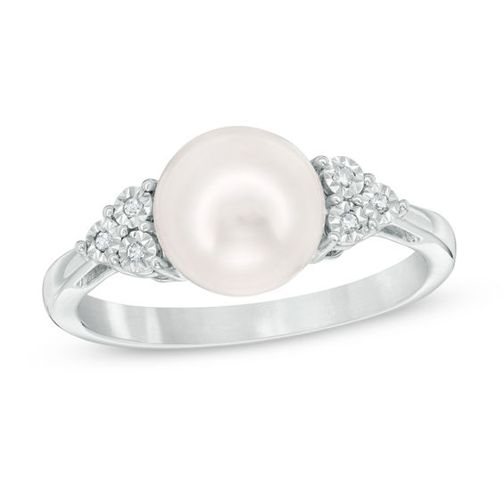 8.0 - 8.5mm Button Cultured Freshwater Pearl and Diamond Accent Ring in Sterling Silver 8.0 - 8.5mm Button Cultured Freshwater Pearl and Diamond Accent Ring in Sterling Silver
