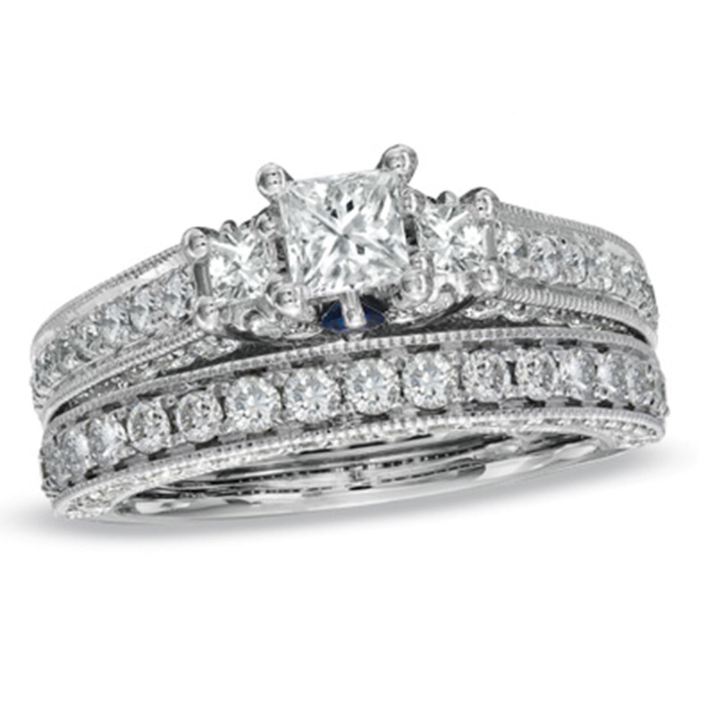 Main Image 1 of Vera Wang Love Collection 2.70 CT. T.W. Princess-Cut Diamond Three Stone Bridal Set in 14K White Gold