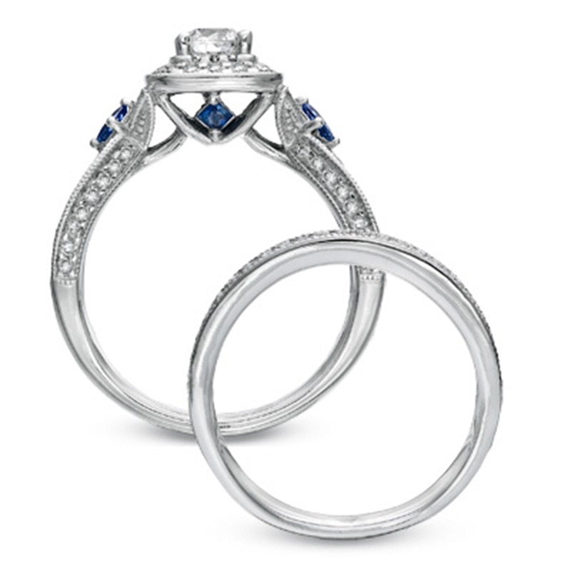 Main Image 2 of Vera Wang Love Collection 1.20 CT. T.W. Diamond and Sapphire Frame Bridal Set in 14K White Gold