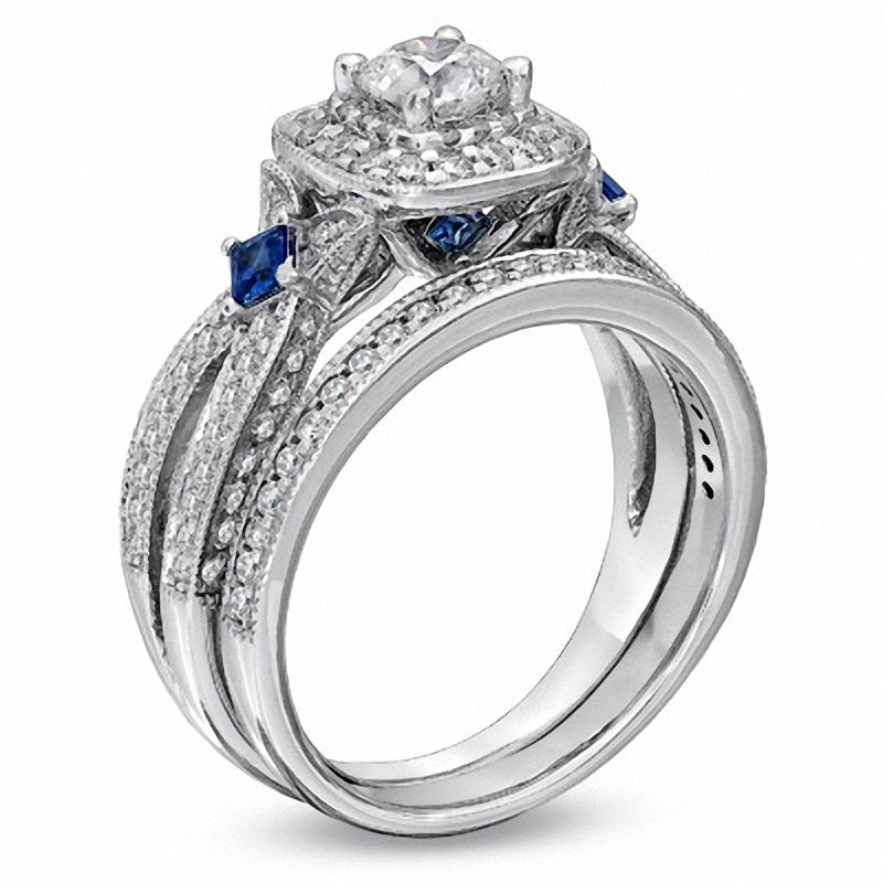 Vera Wang Love Collection 1.20 CT. T.W. Diamond and Sapphire Frame Bridal Set in 14K White Gold