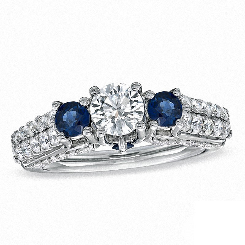 Vera Wang Love Collection 1.30 CT. T.W. Diamond and Sapphire Three Stone Engagement Ring in 14K White Gold