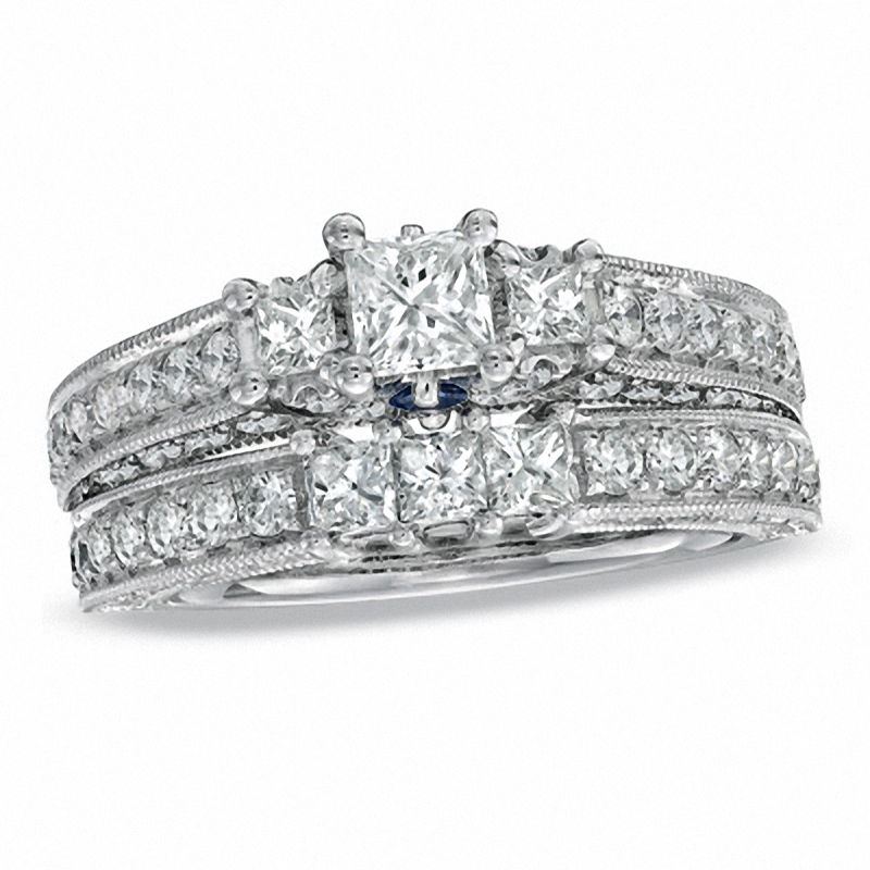 Vera Wang Love Collection 1.95 CT. T.W. Princess-Cut Diamond Three Stone Bridal Set in 14K White Gold