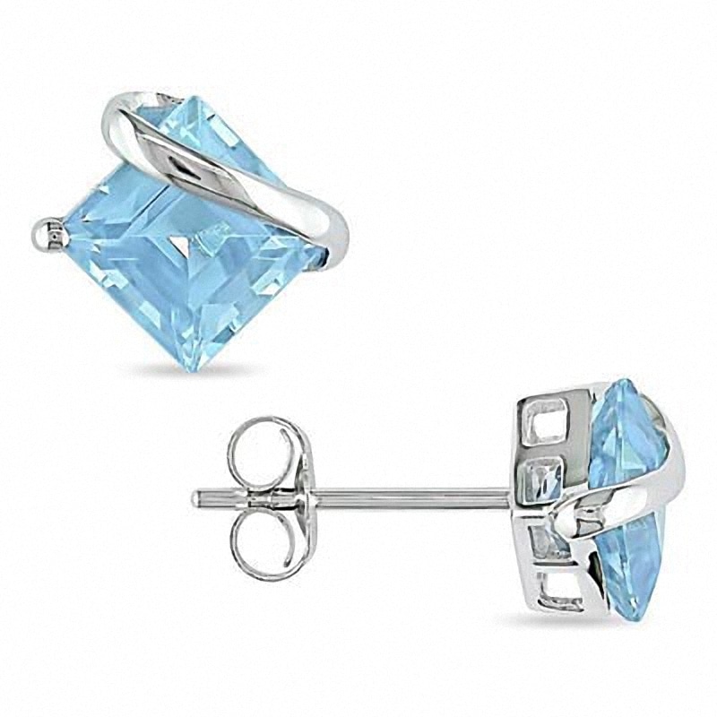 Main Image 1 of Princess-Cut Blue Topaz Overlay Stud Earrings in 10K White Gold