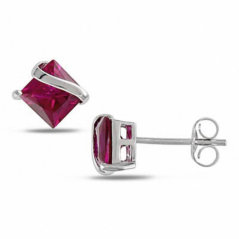 Princess-Cut Lab-Created Ruby Overlay Stud Earrings in 10K White Gold