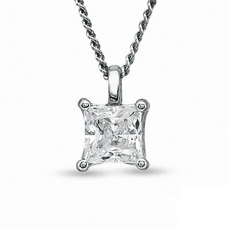 Main Image 1 of 0.18 CT. Certified Princess-Cut Canadian Diamond Pendant in 14K White Gold (I/I2) - 17&quot;