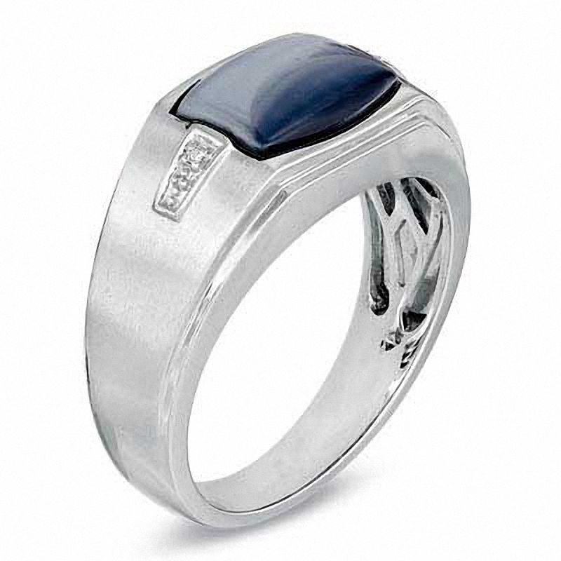 Men's Cushion-Cut Simulated Grey Hawk's Eye and Diamond Accent Ring in 10K White Gold