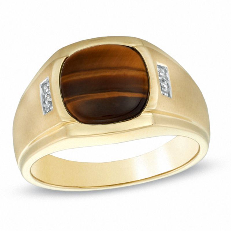 Men's 10.0mm Cushion-Cut Tiger's Eye and Diamond Accent Ring in 10K Gold|Peoples Jewellers