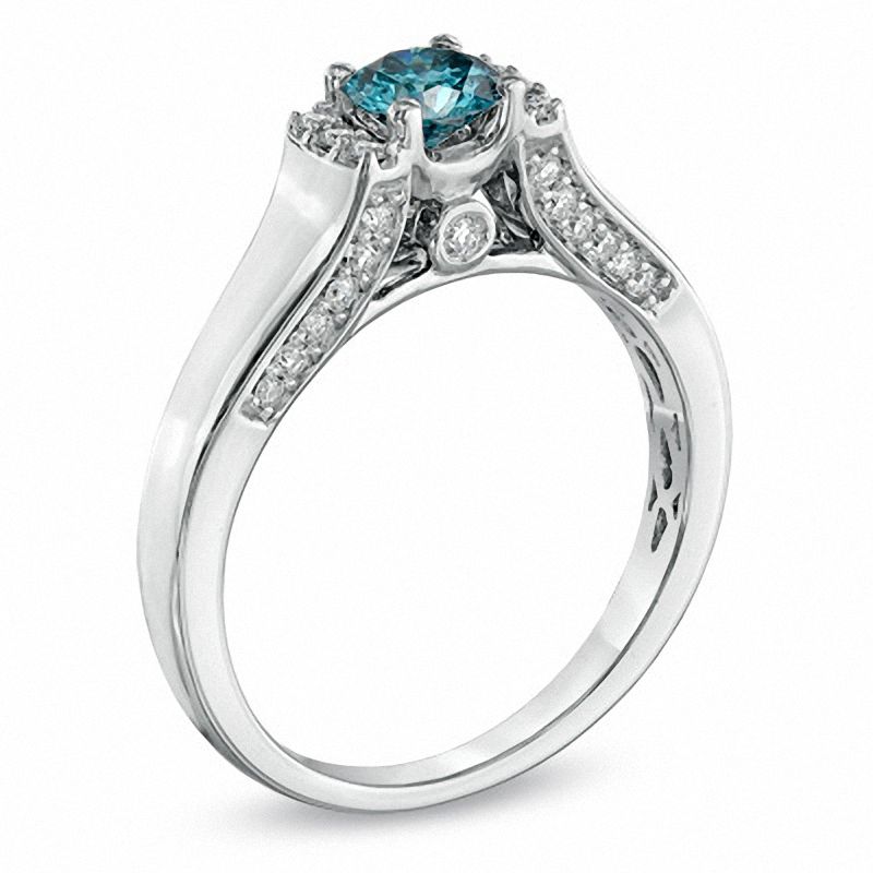 0.75 CT. T.W. Enhanced Blue and White Diamond Engagement Ring in 14K White Gold