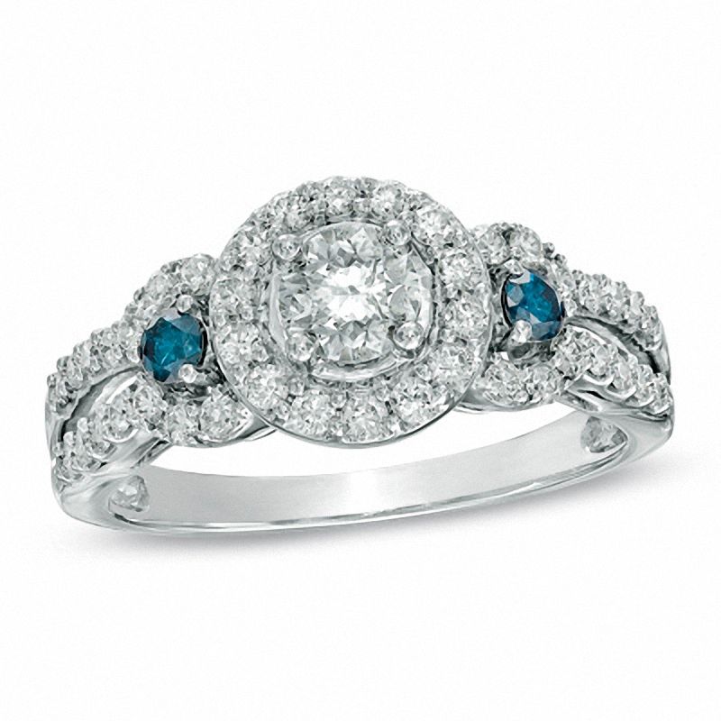 1.00 CT. T.W. Enhanced Blue and White Diamond Frame Engagement Ring in 14K White Gold