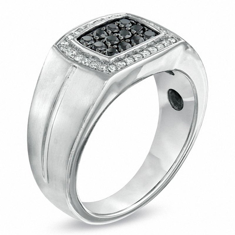 Main Image 2 of Men's Black Sapphire and 0.14 CT. T.W. Diamond Frame Ring in 10K White Gold