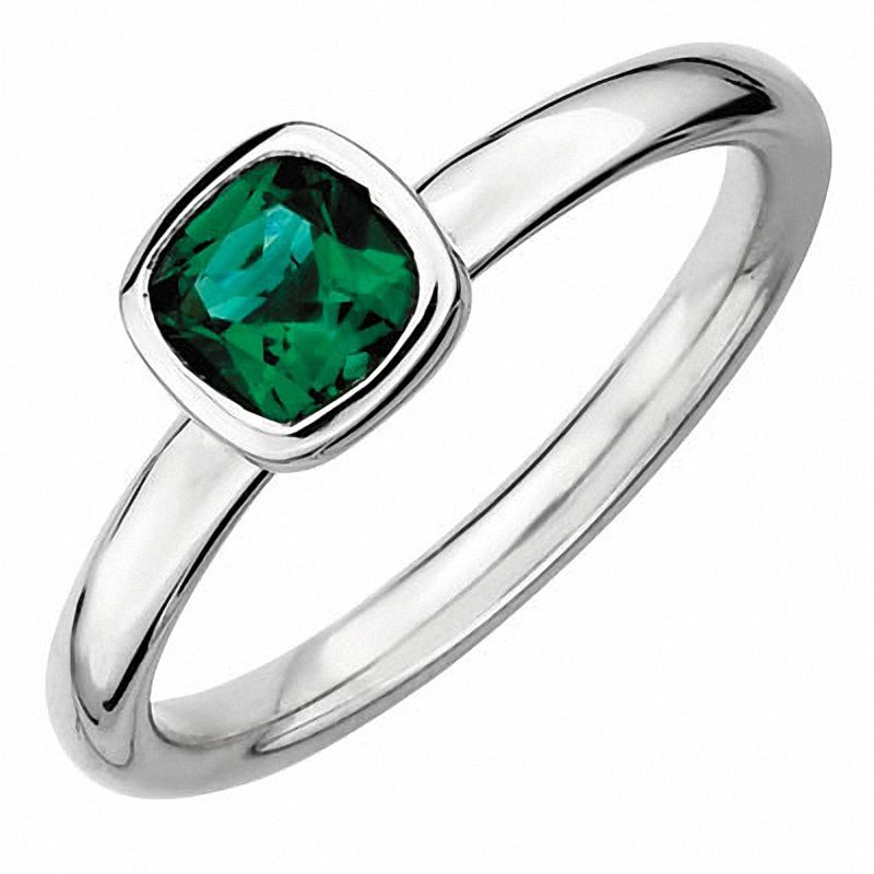 Stackable Expressions™ 5.0mm Cushion-Cut Lab-Created Emerald Ring in Sterling Silver