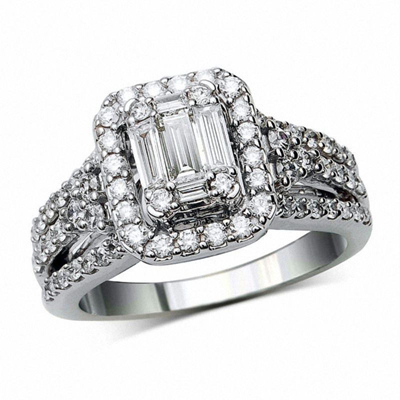 Main Image 1 of 1.25 CT. T.W. Baguette and Round Diamond Frame Engagement Ring in 14K White Gold