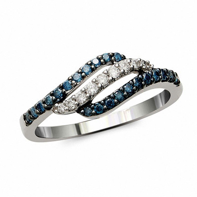 0.33 CT. T.W. Enhanced Blue and White Diamond Triple Wave Ring in 10K White Gold