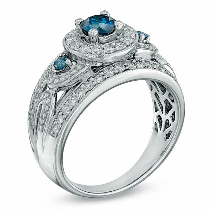 1.00 CT. T.W. Enhanced Blue and White Diamond Vintage-Style Engagement Ring 14K Gold
