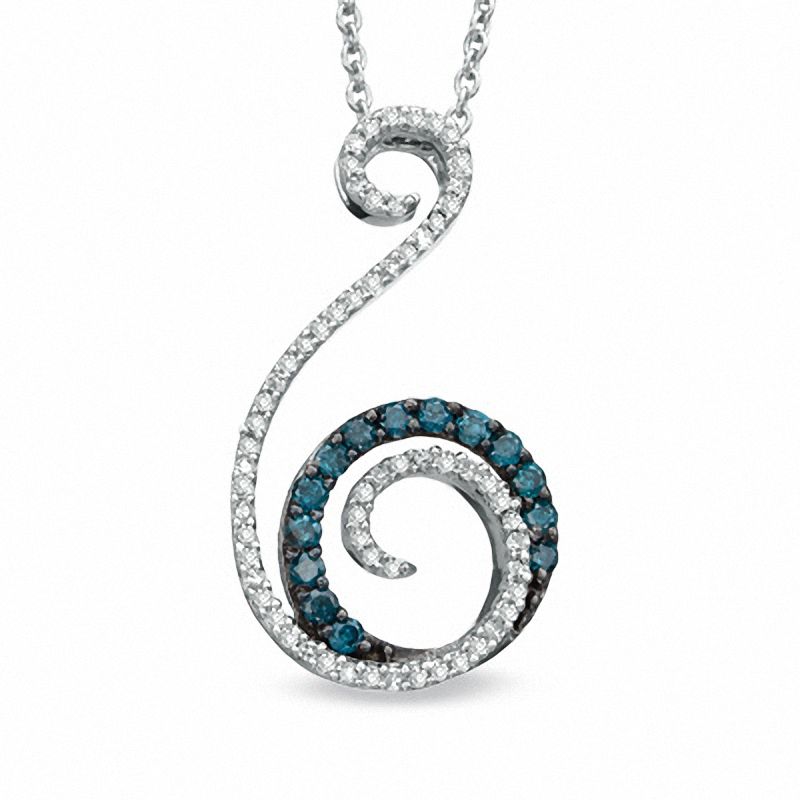 0.33 CT. T.W. Enhanced Blue and White Diamond Swirl Drop Pendant in Sterling Silver